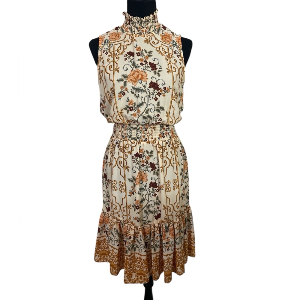 Whimsical Nanette Lepore Floral Smoked Sleeveless Mock Neck Dress - Picture 2 of 7